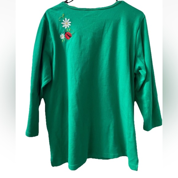 Quacker Factory Sz L Embroidered Beaded Ladybug Pullover Top Shirt Green QVC - Picture 2 of 10